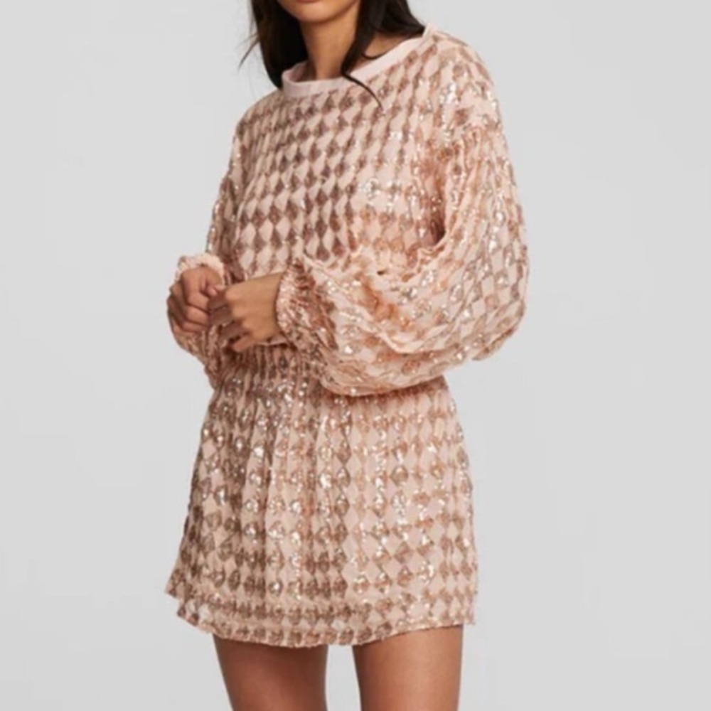 Chaser Cooper Mini Dress Long Sleeve Embellished Pink Small